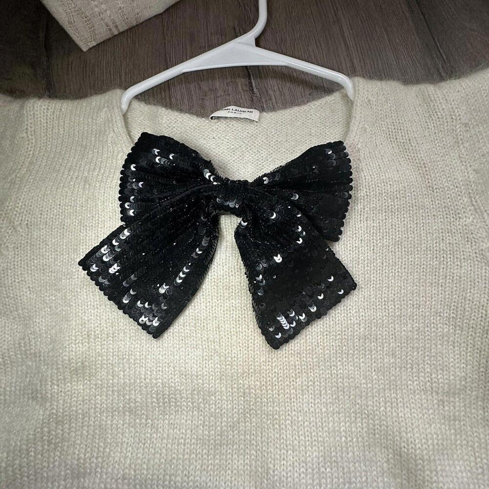 Saint Laurent  BOW SWEATER IN IVORY WOOL AND MOHAIR AND BLACK SEQUINS IN CREAM - Picture 9 of 9